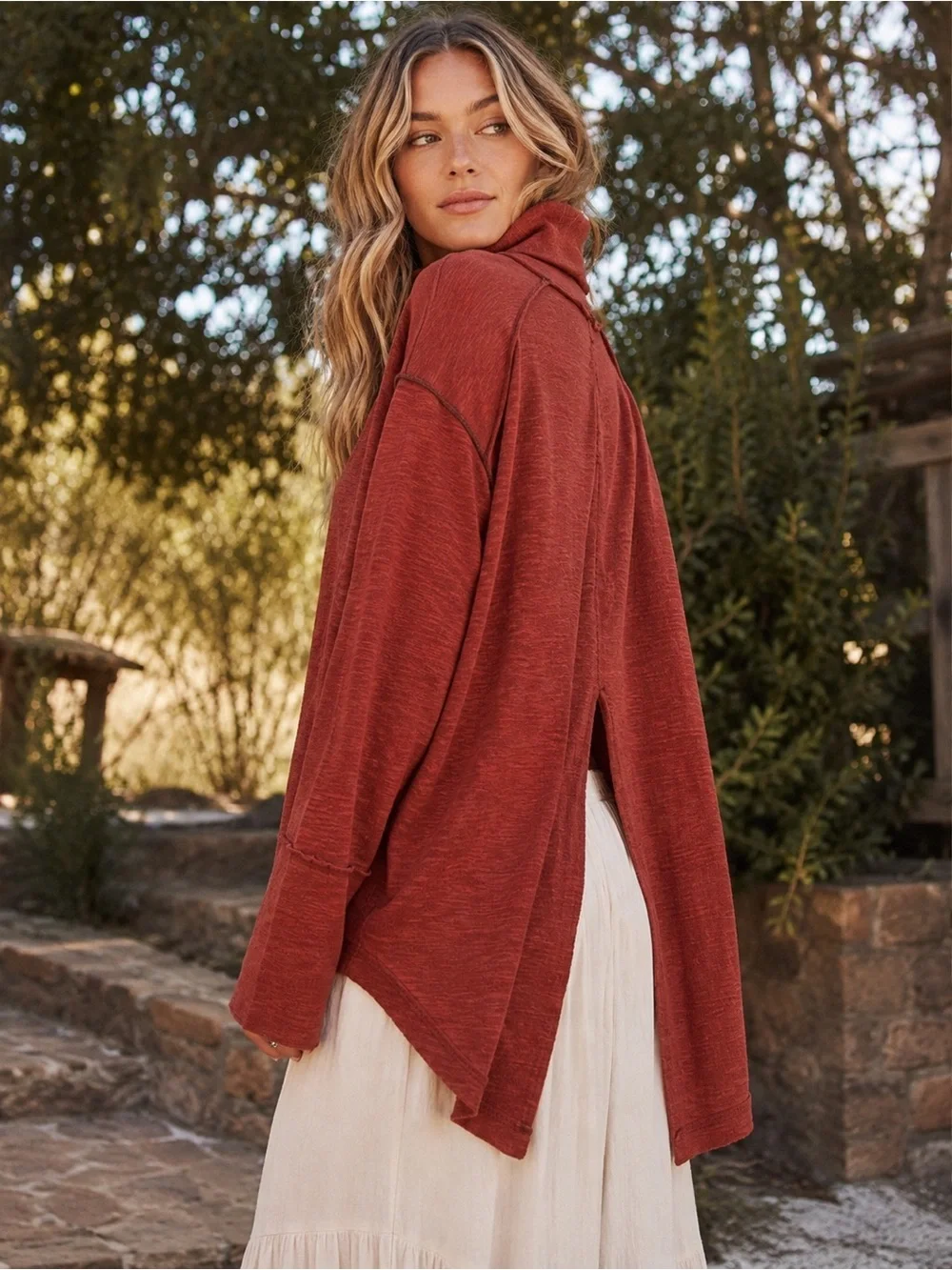Free People Split Back Turtleneck Top Cinnamon Rust Oversized Large